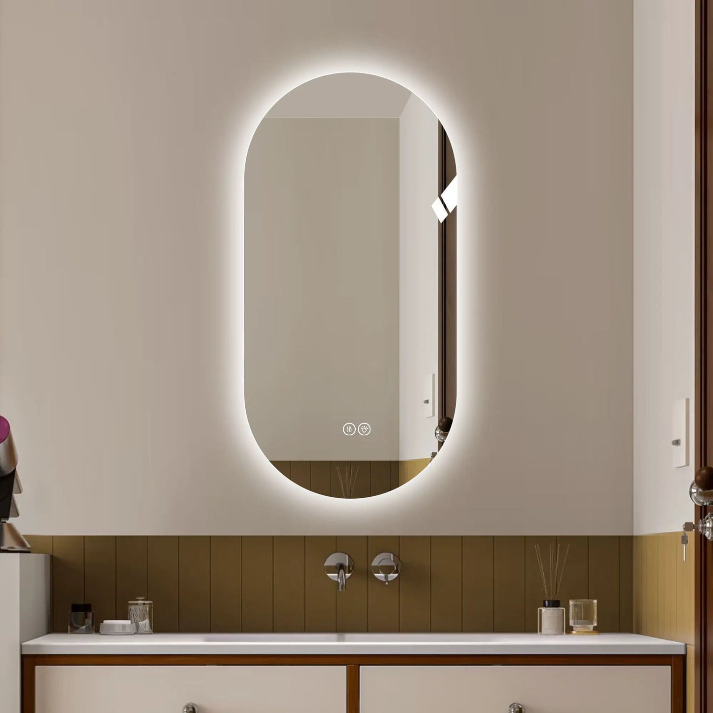 Smart oval LED mirror wall mount with anti-fog and adjustable lighting touch controls on Tampa Home & Garden Store