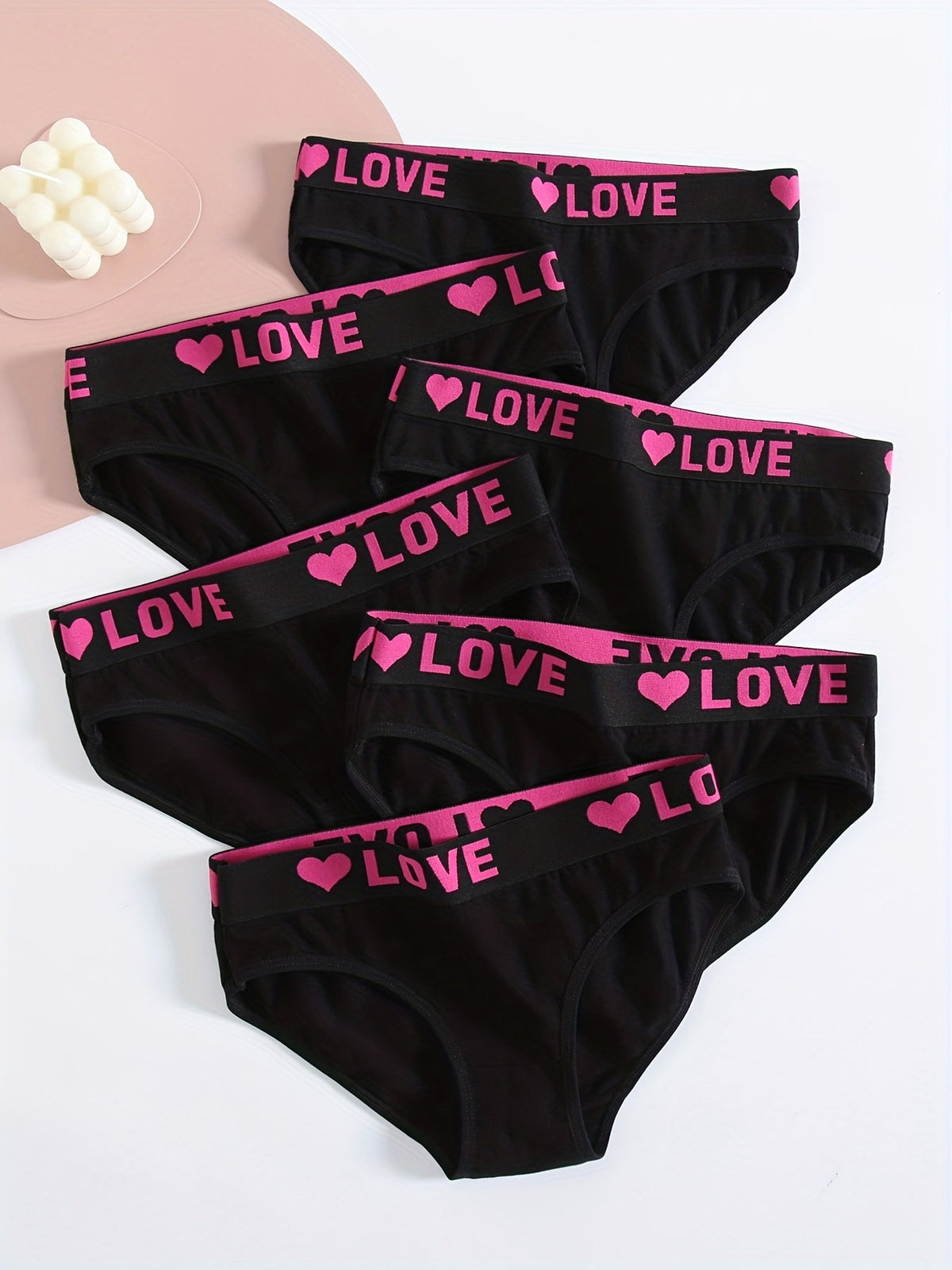 Soft Touch 6-Pack seamless bikini briefs in black with pink LOVE waistband and heart accents on Tampa Home & Garden Store