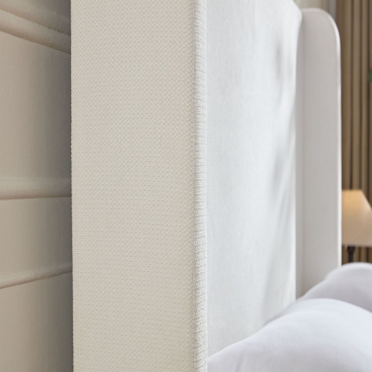 Harper Tall Headboard Upholstered Bed ivory textured fabric by HouseOfZazla on Tampa Home & Garden Store