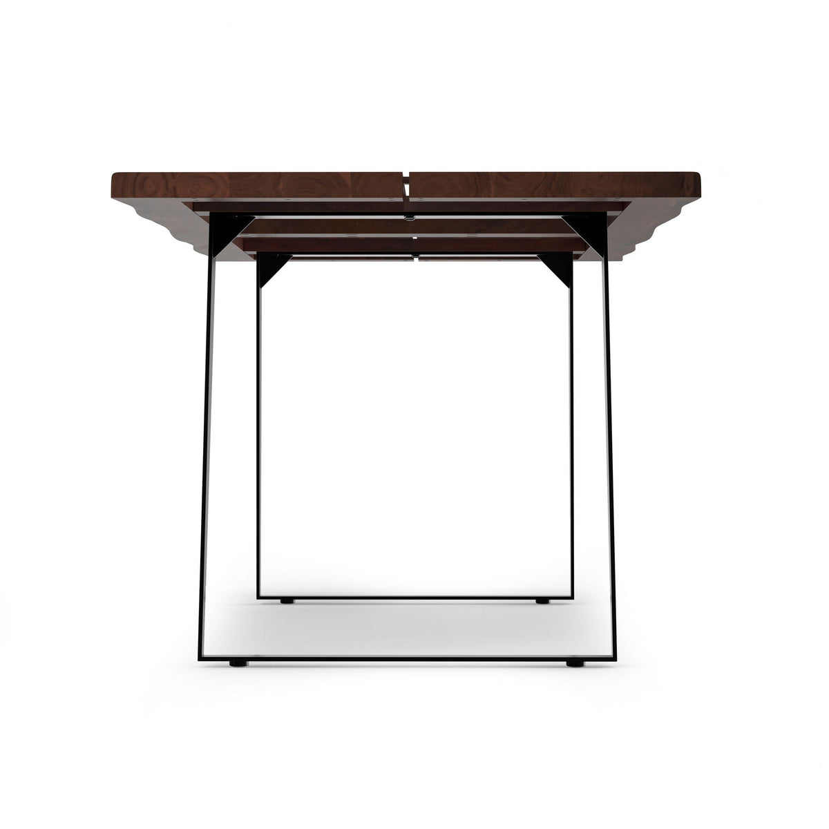 Modern handcrafted live edge acacia dining table with dark wood top and black metal legs on Tampa Home & Garden Store
