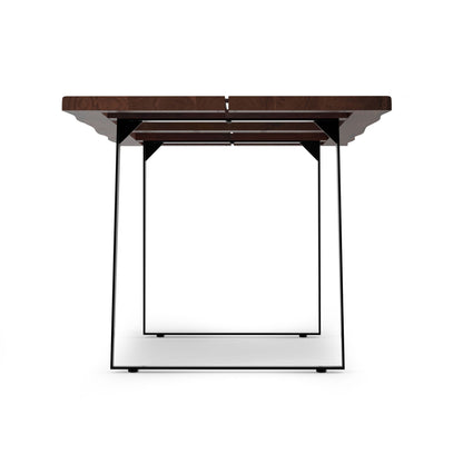 Modern handcrafted live edge acacia dining table with dark wood top and black metal legs on Tampa Home & Garden Store