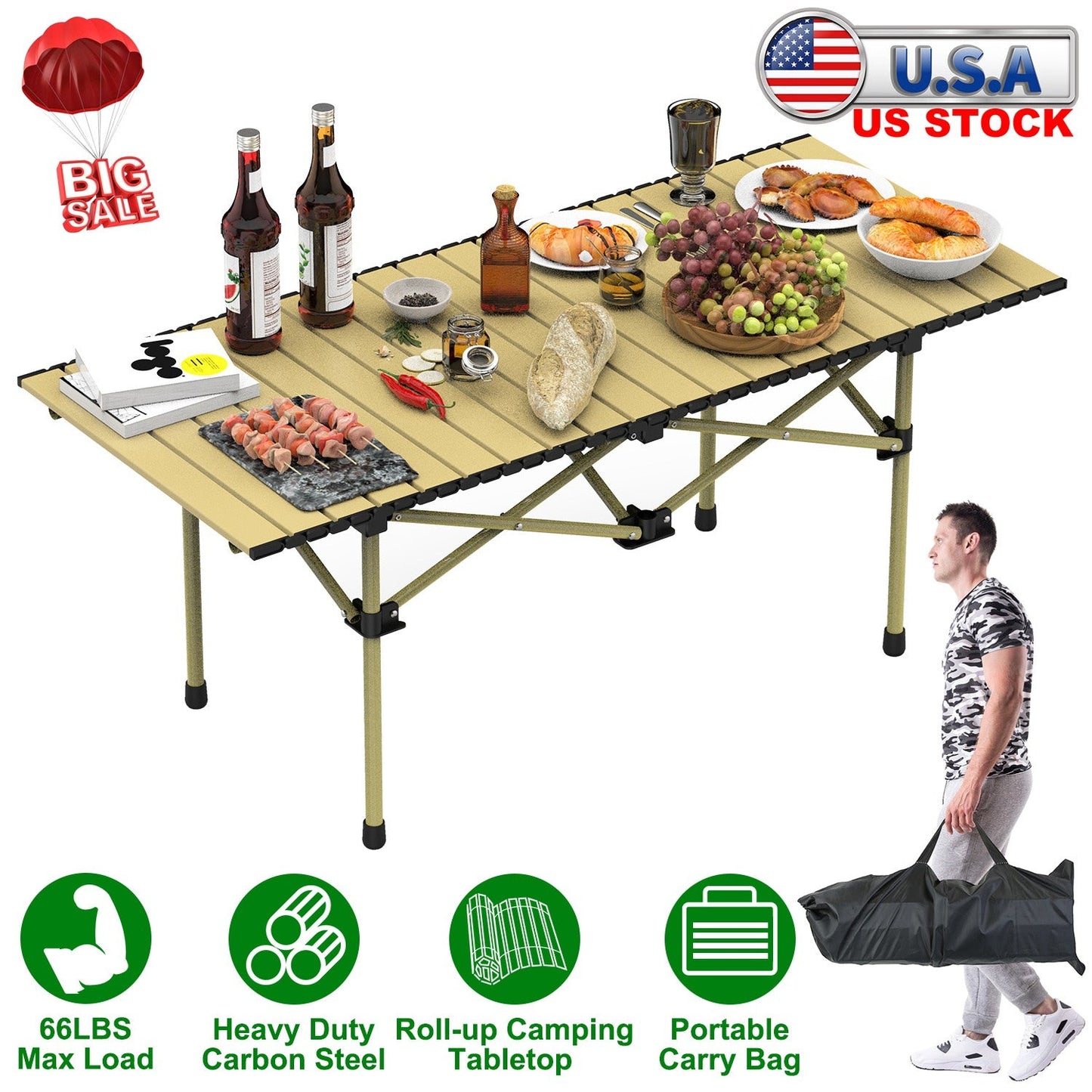 GemGear folding camping table with tan slat top and carry bag for outdoor use on Tampa Home & Garden Store