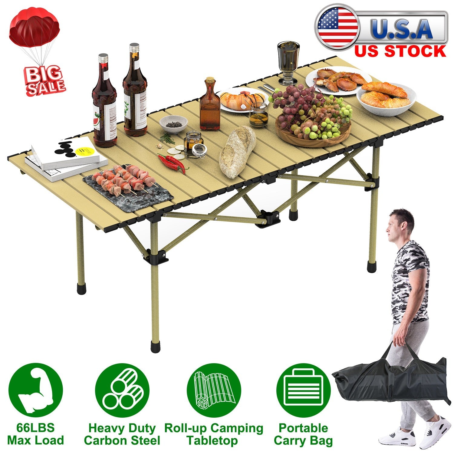 GemGear folding camping table with tan slat top and carry bag for outdoor use on Tampa Home & Garden Store