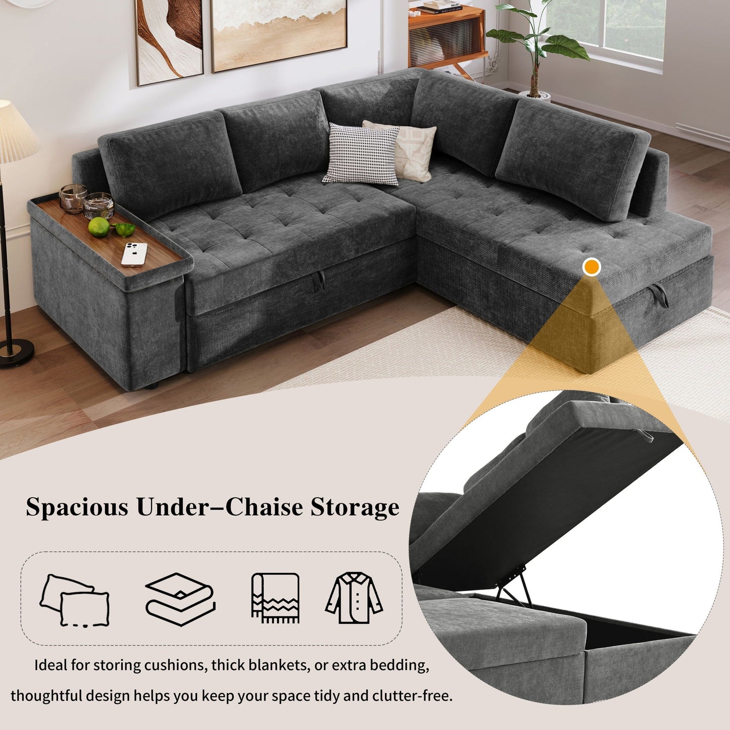 L Shape Sectional with Pull Out Bed and Storage