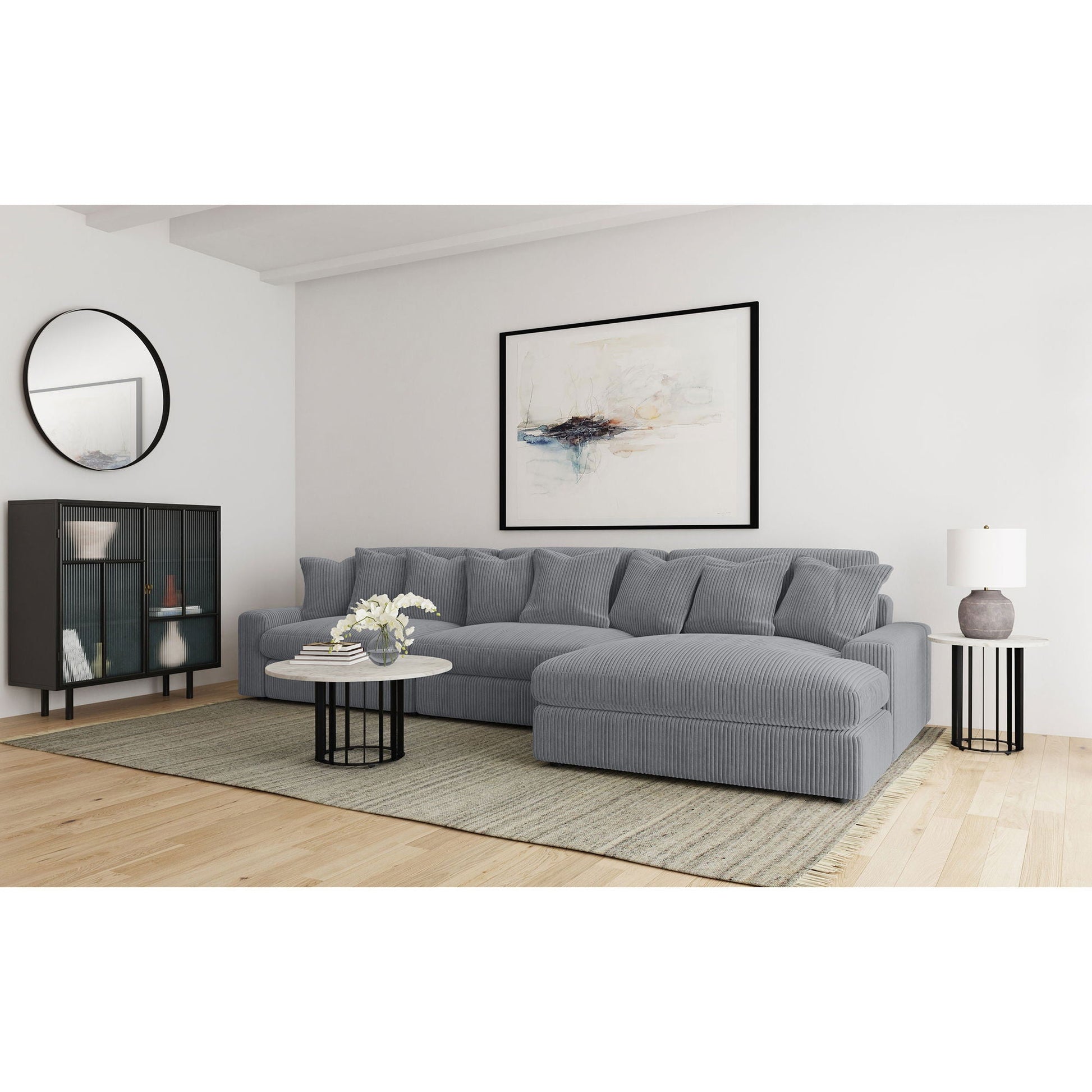 Cassidy stationary sectional sofa with reversible cushions in gray corduroy fabric on Tampa Home & Garden Store