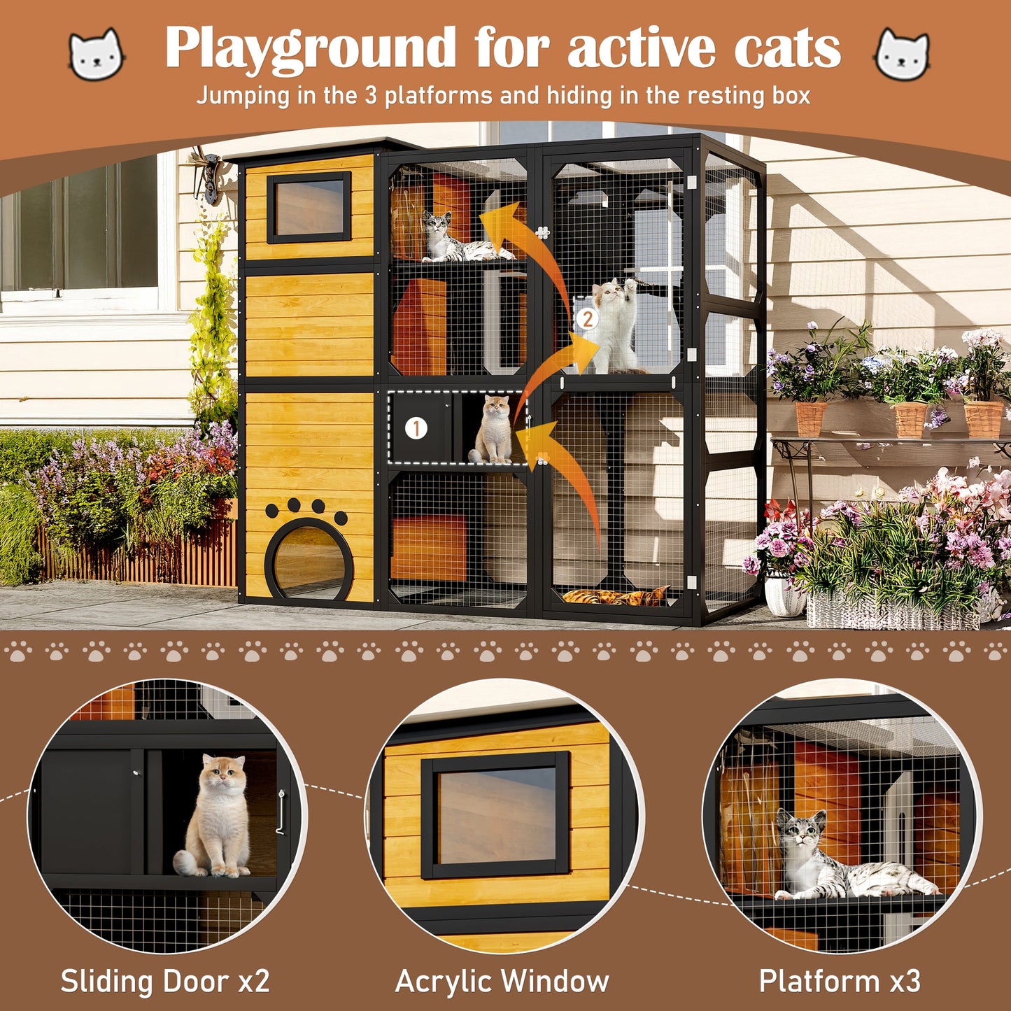 Four Tier Outdoor Cat Catio and Solid Roof