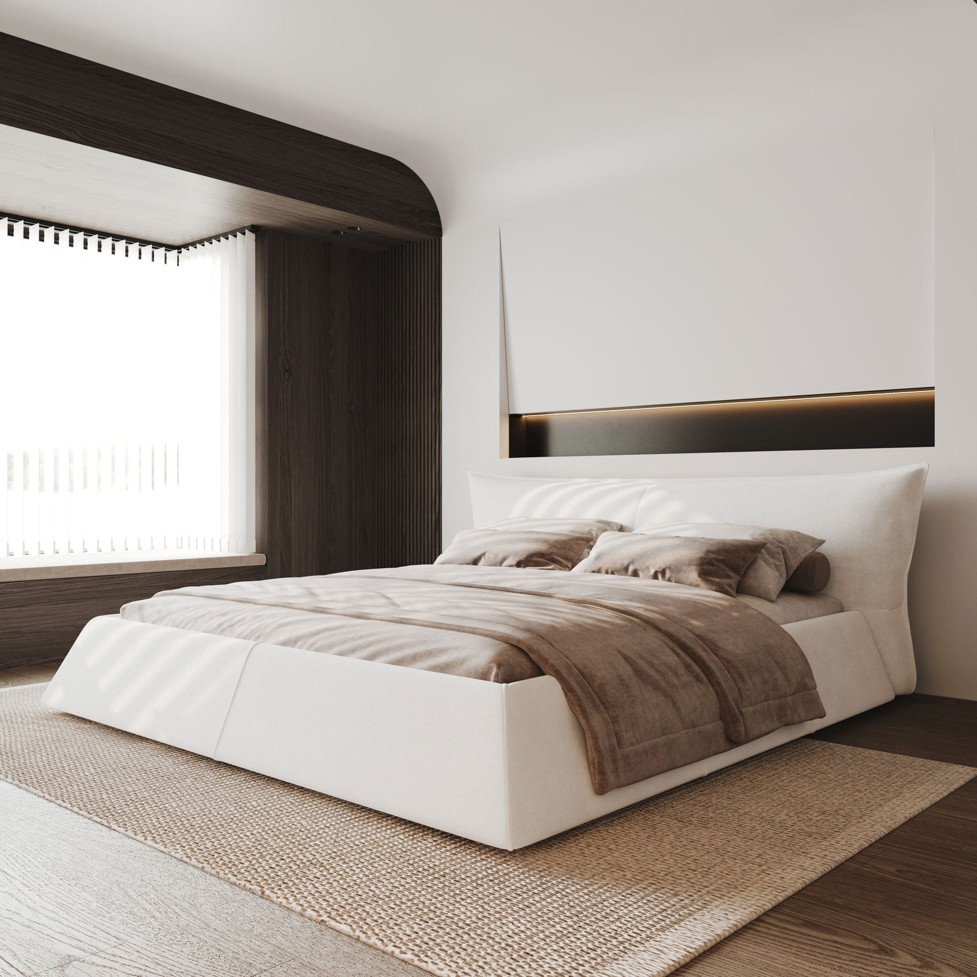 Upholstered Platform Bed with special shaped headboard in white fabric HouseOfZazla on Tampa Home & Garden Store