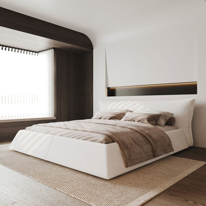 Upholstered Platform Bed with special shaped headboard in white fabric HouseOfZazla on Tampa Home & Garden Store