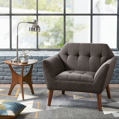 Modern lounge chair with button tufting in gray fabric and pecan wood legs HouseOfZazla on Tampa Home & Garden Store