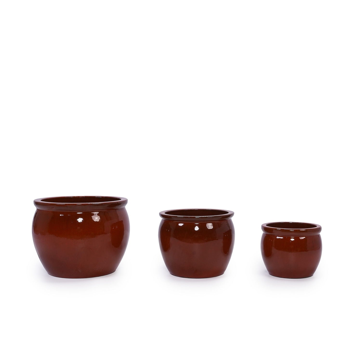 3-piece brown glazed ceramic flowerpot planter set by HouseOfZazla in varying sizes on Tampa Home & Garden Store