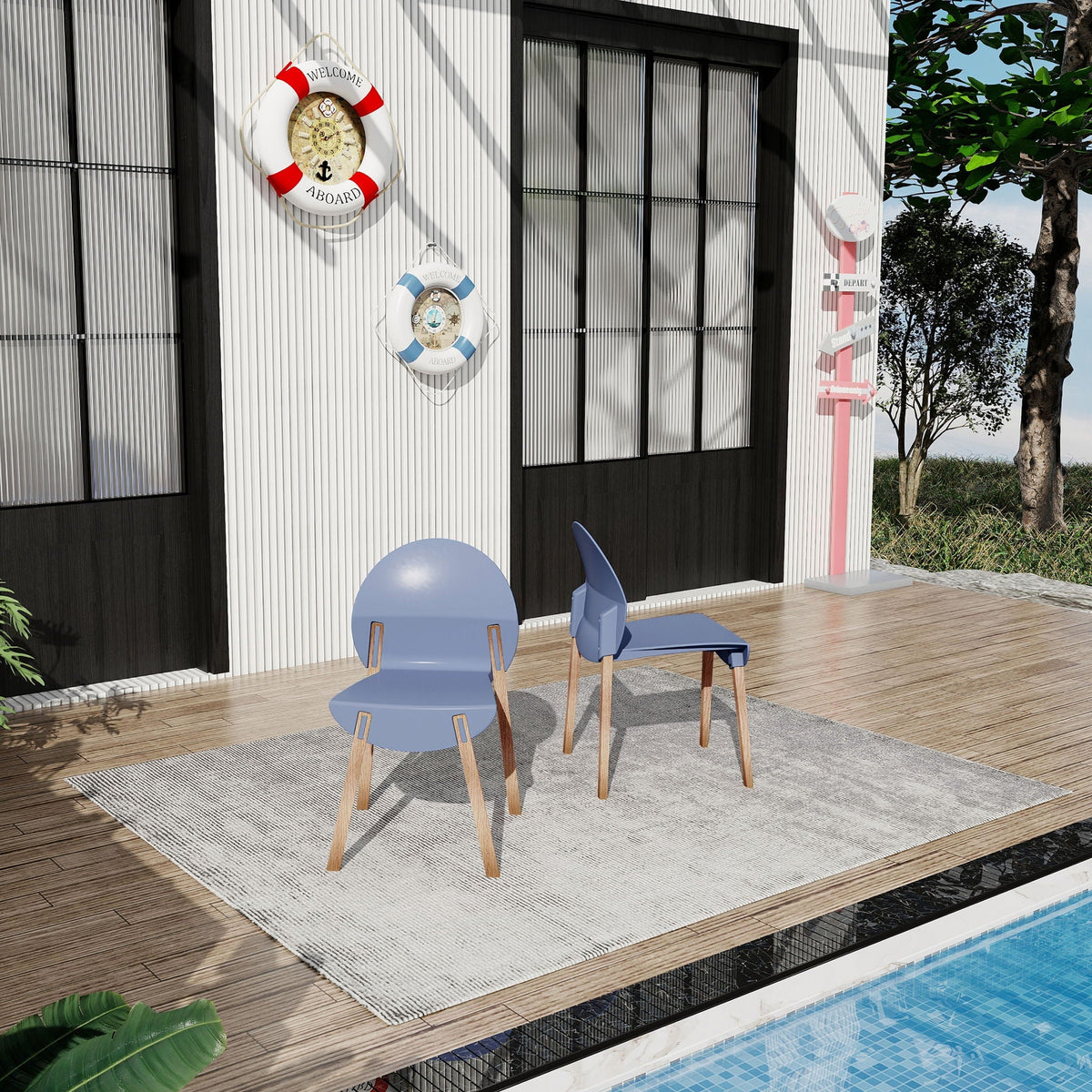 4 Piece outdoor chair set with blue waterproof polypropylene seats and oak legs on poolside patio on Tampa Home & Garden Store