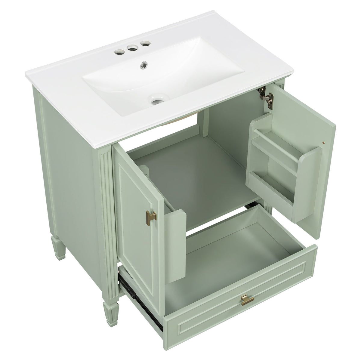 Freestanding vanity green with white top, drawers and soft-close doors HouseOfZazla on Tampa Home & Garden Store