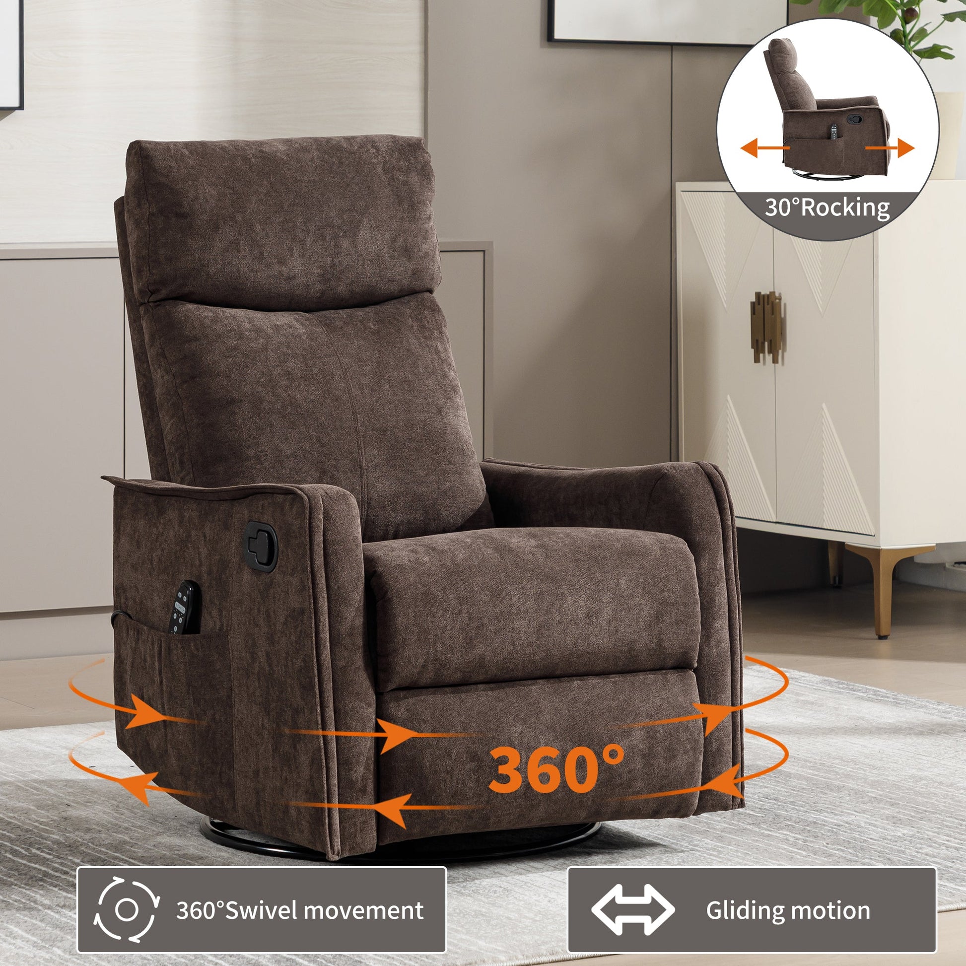 Heat Massage Manual Recliner Chair in brown fabric with 360° swivel and 30° rocking motion on Tampa Home & Garden Store