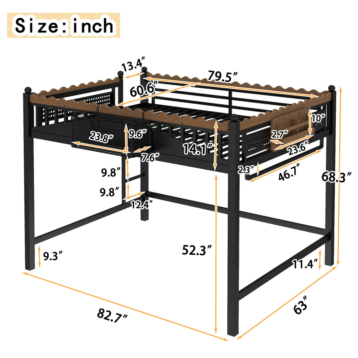 Queen Size loft bed with ladders and storage in black metal frame, wood guard rails HouseOfZazla on Tampa Home & Garden Store