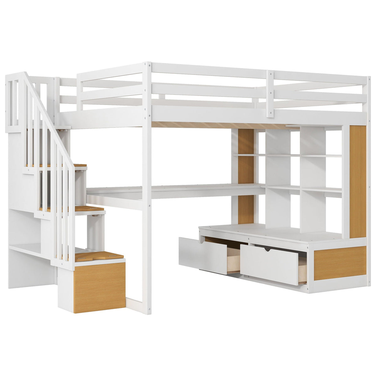 Full size loft bed with desk, shelves and storage staircase; white frame with wood accents on Tampa Home & Garden Store