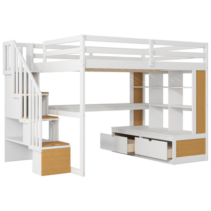 Full size loft bed with desk, shelves and storage staircase; white frame with wood accents on Tampa Home & Garden Store