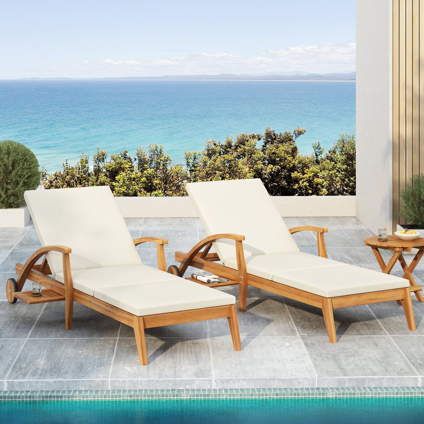 Outdoor Acacia Wood Recliner and Table Set