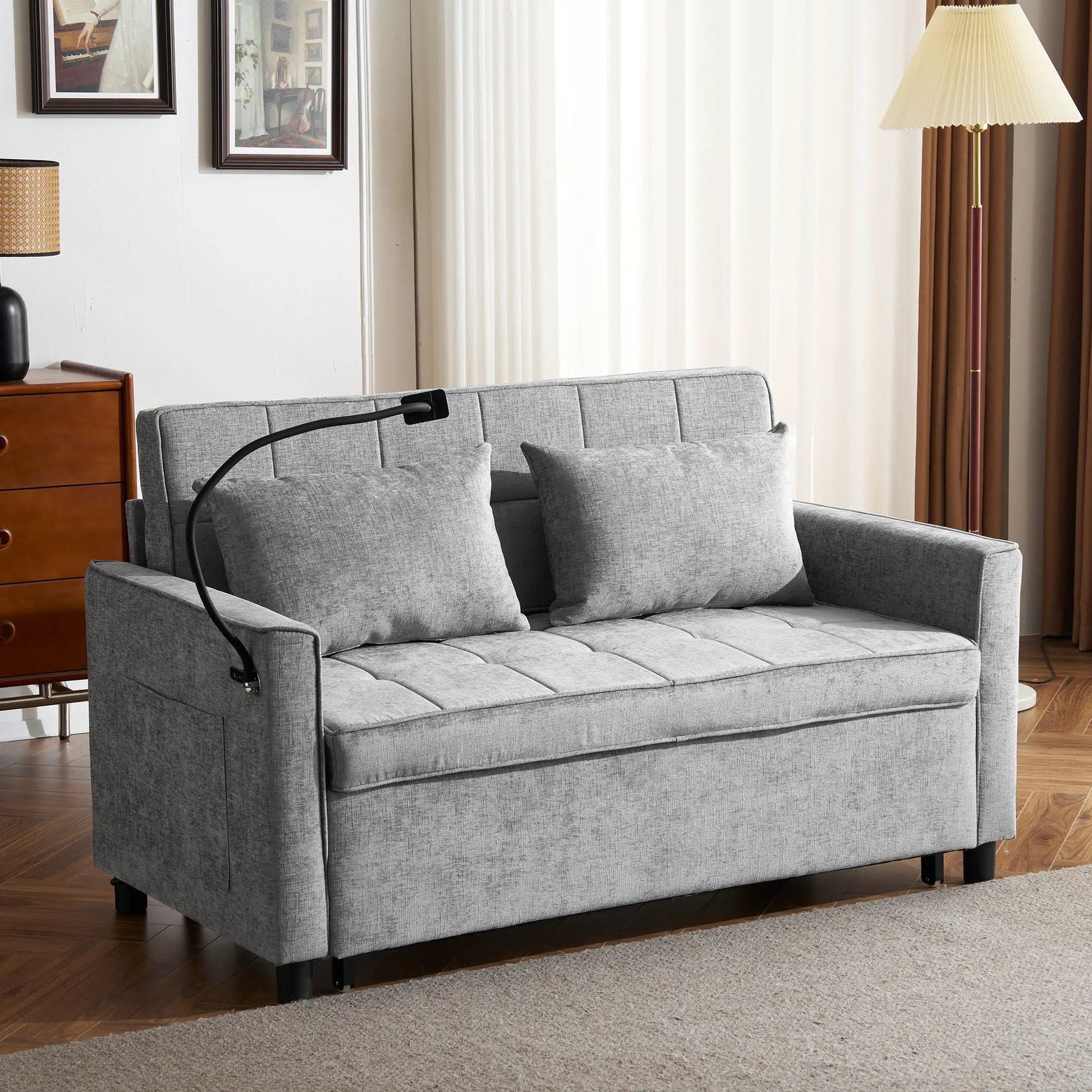 Pull-Out Sleeper Sofa in light gray fabric with reversible backrest and side pockets on Tampa Home & Garden Store