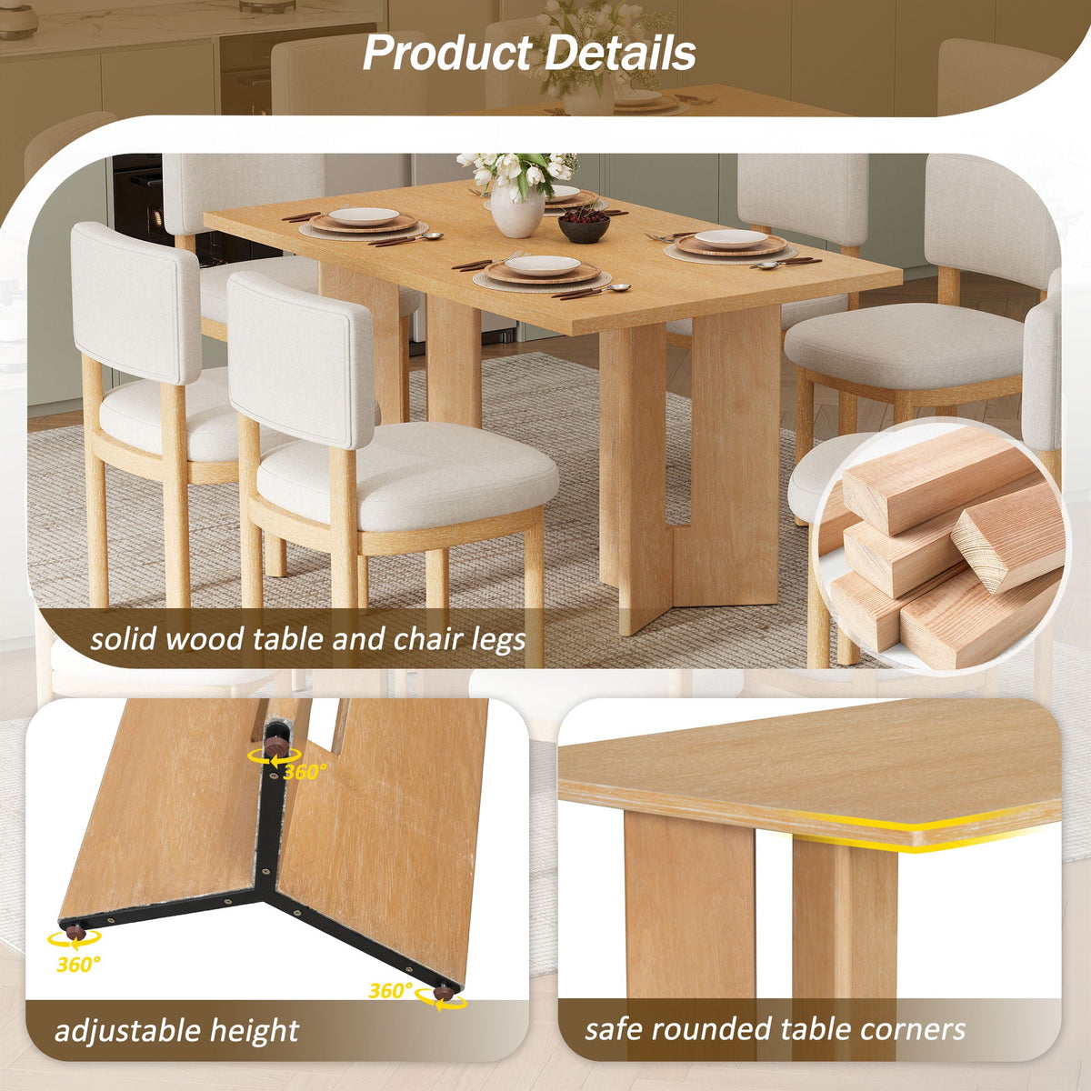 Dining table set with six upholstered chairs in solid wood, natural finish by HouseOfZazla on Tampa Home & Garden Store