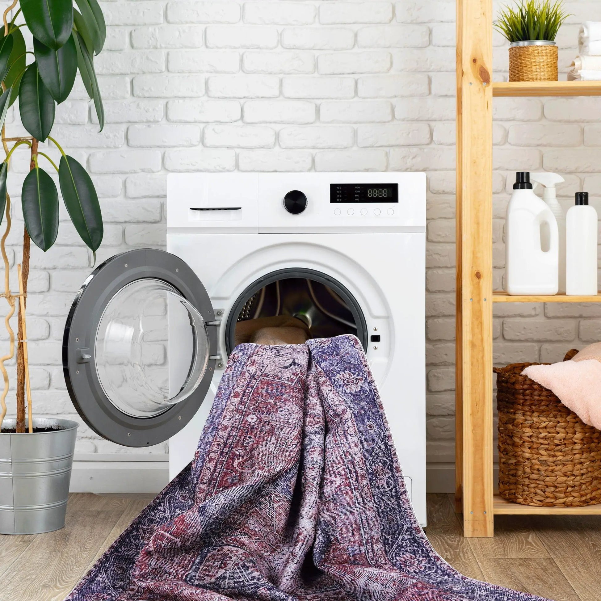 Maval Area Rug Washable by Unique Piece Furniture, rug draped over white front-load washer on Tampa Home & Garden Store