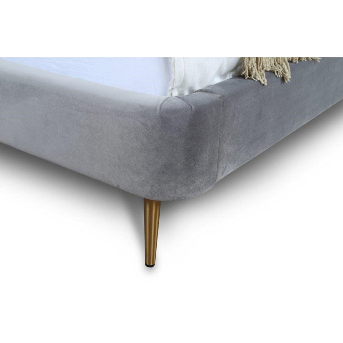 Heather upholstered bed gray velvet with curved headboard and gold tapered legs HouseOfZazla on Tampa Home & Garden Store