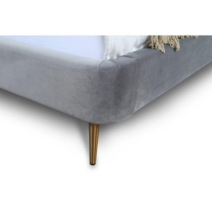 Heather upholstered bed gray velvet with curved headboard and gold tapered legs HouseOfZazla on Tampa Home & Garden Store