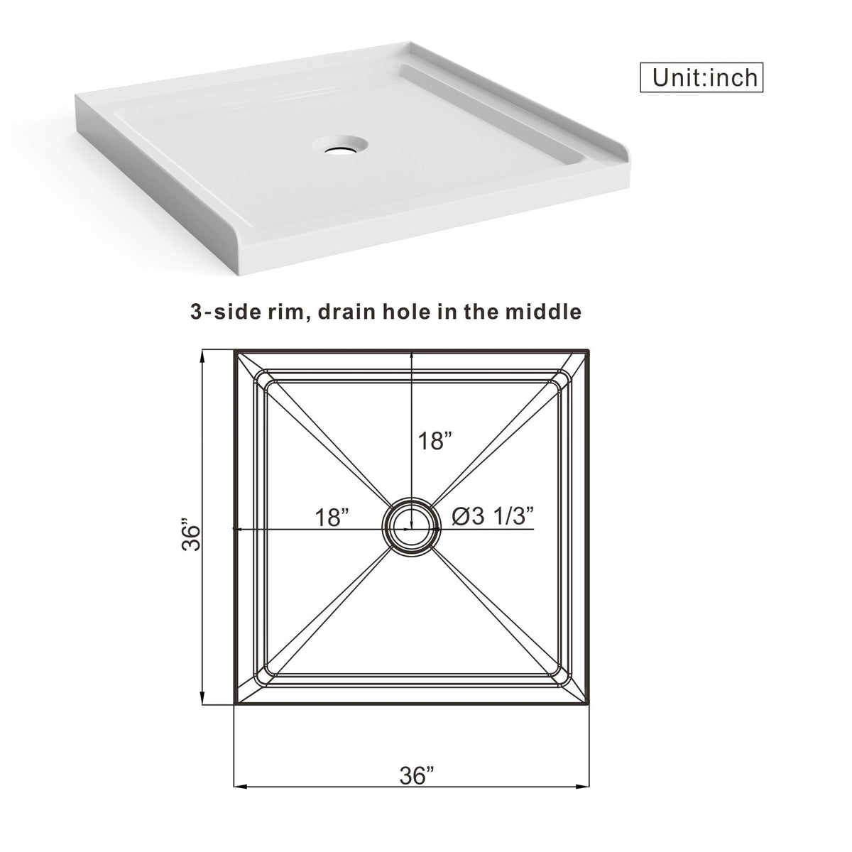 Shower Pan Centered Drain with 3-Side Tile Flanges, white, 36x36 in by HouseOfZazla on Tampa Home & Garden Store