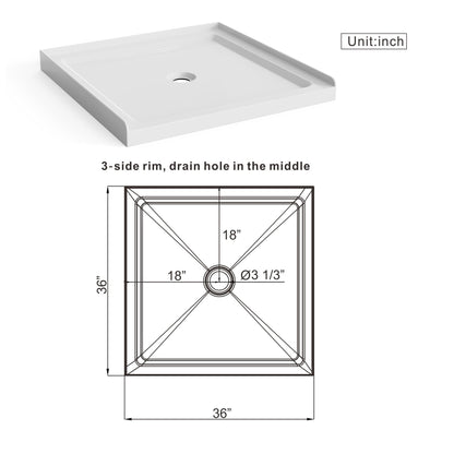 Shower Pan Centered Drain with 3-Side Tile Flanges, white, 36x36 in by HouseOfZazla on Tampa Home & Garden Store
