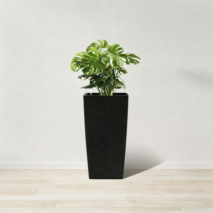 Indoor Outdoor Planter With Automatic Watering System black woven planter with Monstera on Tampa Home & Garden Store