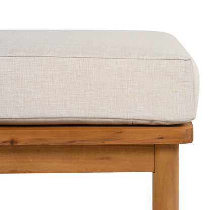 Beige outdoor sofa cushion on natural acacia wood frame on Tampa Home & Garden Store