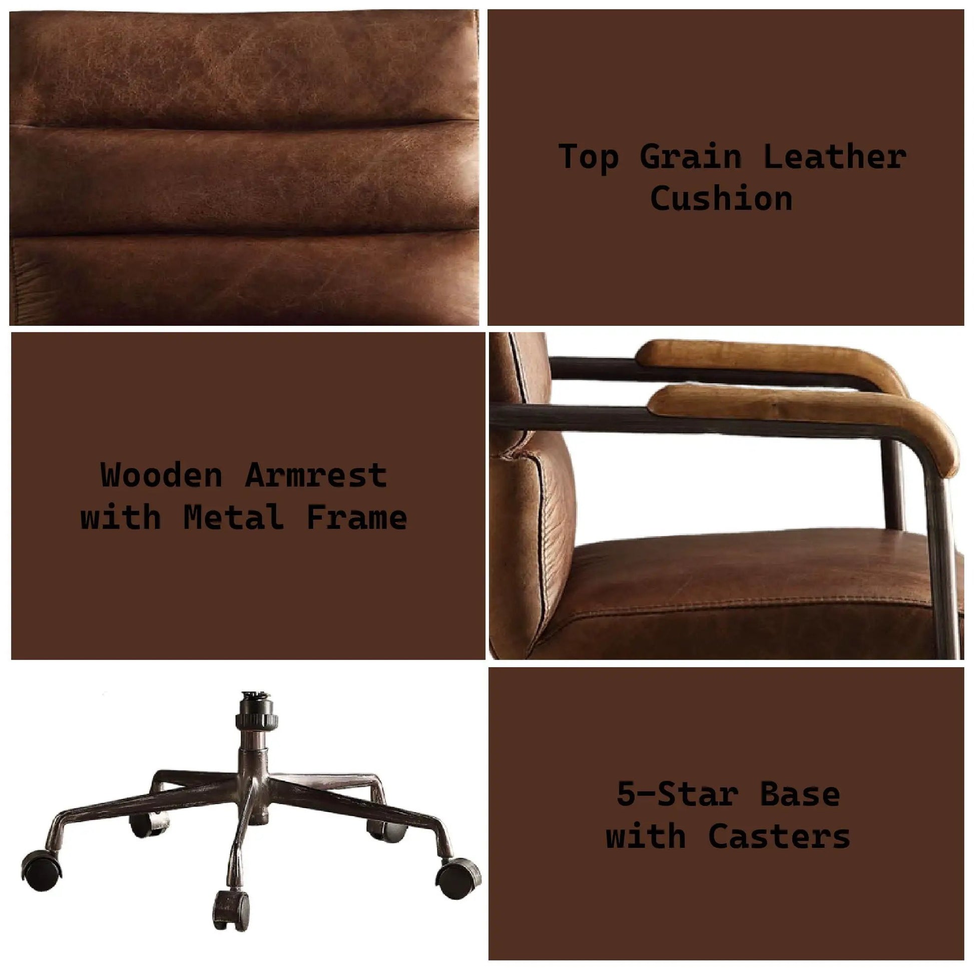 Harith retro top grain leather swivel chair with wooden armrests, metal frame, 5-star base on Tampa Home & Garden Store