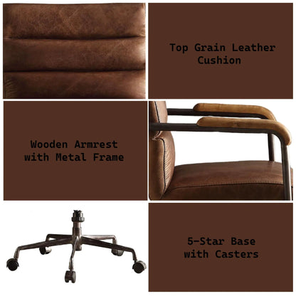 Harith retro top grain leather swivel chair with wooden armrests, metal frame, 5-star base on Tampa Home & Garden Store