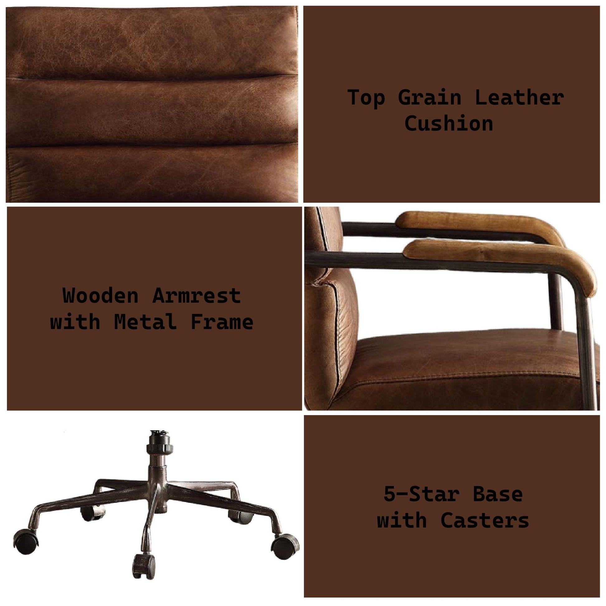 Harith Retro Top Grain Leather Office Chair, brown cushions, wooden armrests, metal frame on Tampa Home & Garden Store