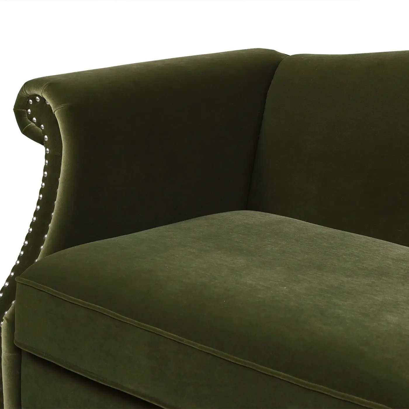 Elaine camel back space sofa in olive green velvet with nailhead trim by Unique Piece Furniture on Tampa Home & Garden Store