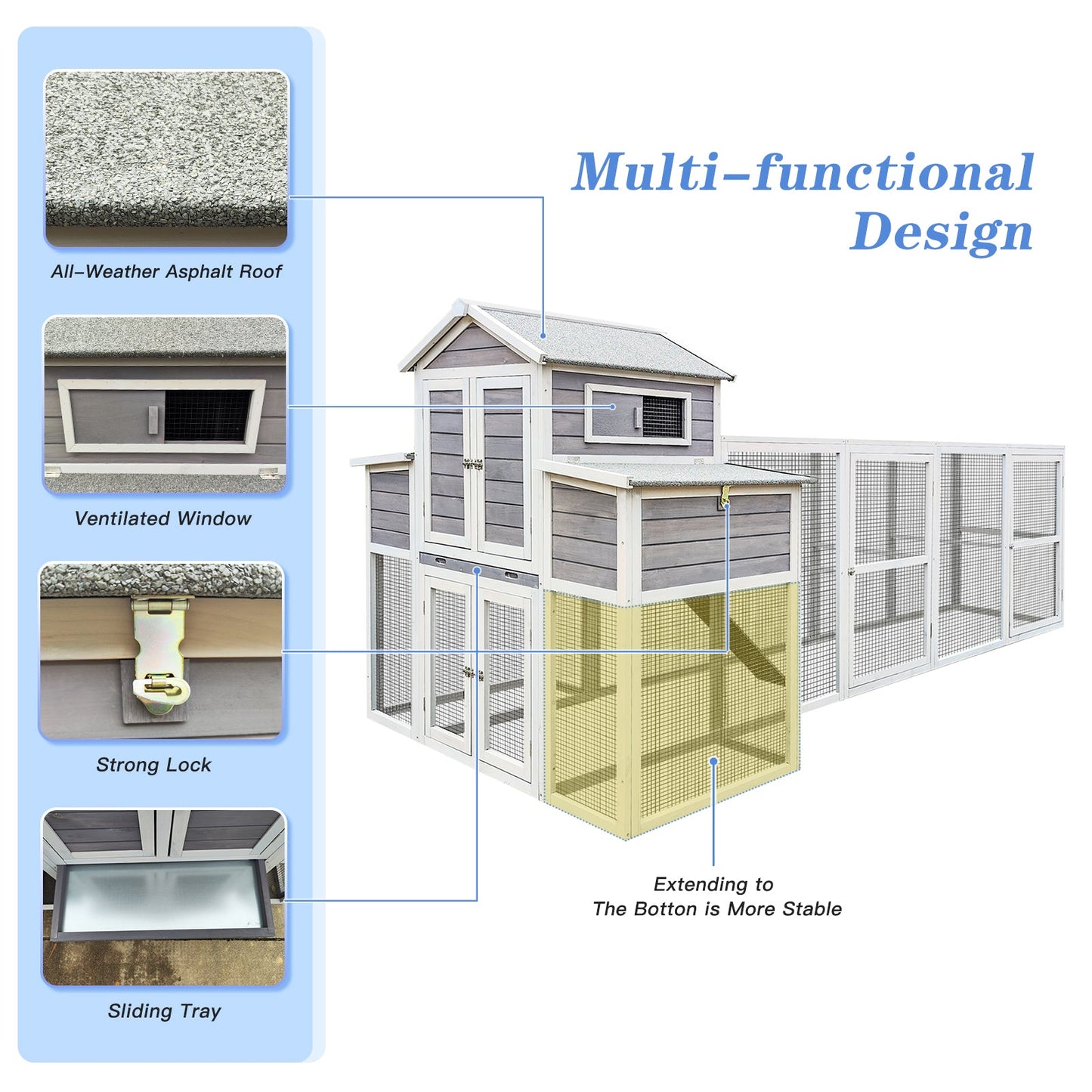 150-inch Extra Large Wooden Chicken Coop with grey siding; asphalt roof and ventilated window on Tampa Home & Garden Store