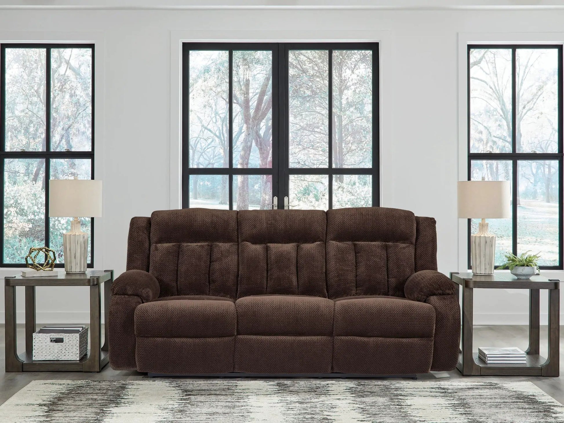 Free Wake reclining power sofa in chocolate with side tables and lamps by Unique Piece Furniture on Tampa Home & Garden Store