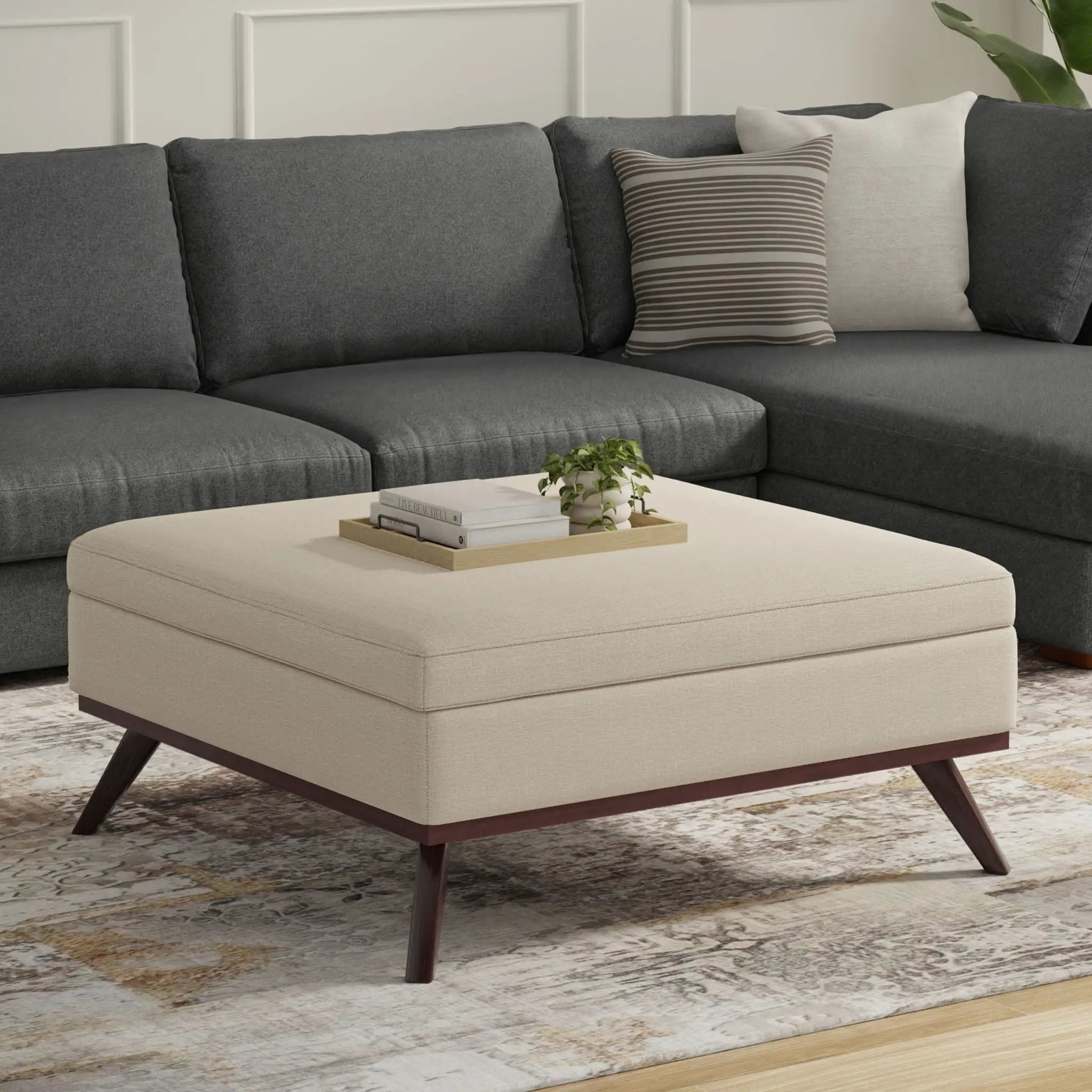 Owen multifunctional square coffee table storage ottoman beige fabric with wood legs and tray on Tampa Home & Garden Store