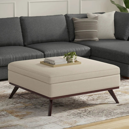 Owen multifunctional square coffee table storage ottoman beige fabric with wood legs and tray on Tampa Home & Garden Store