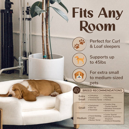Calming dog bed in cream fabric, round lounge with a sleeping brown dog by HouseOfZazla on Tampa Home & Garden Store