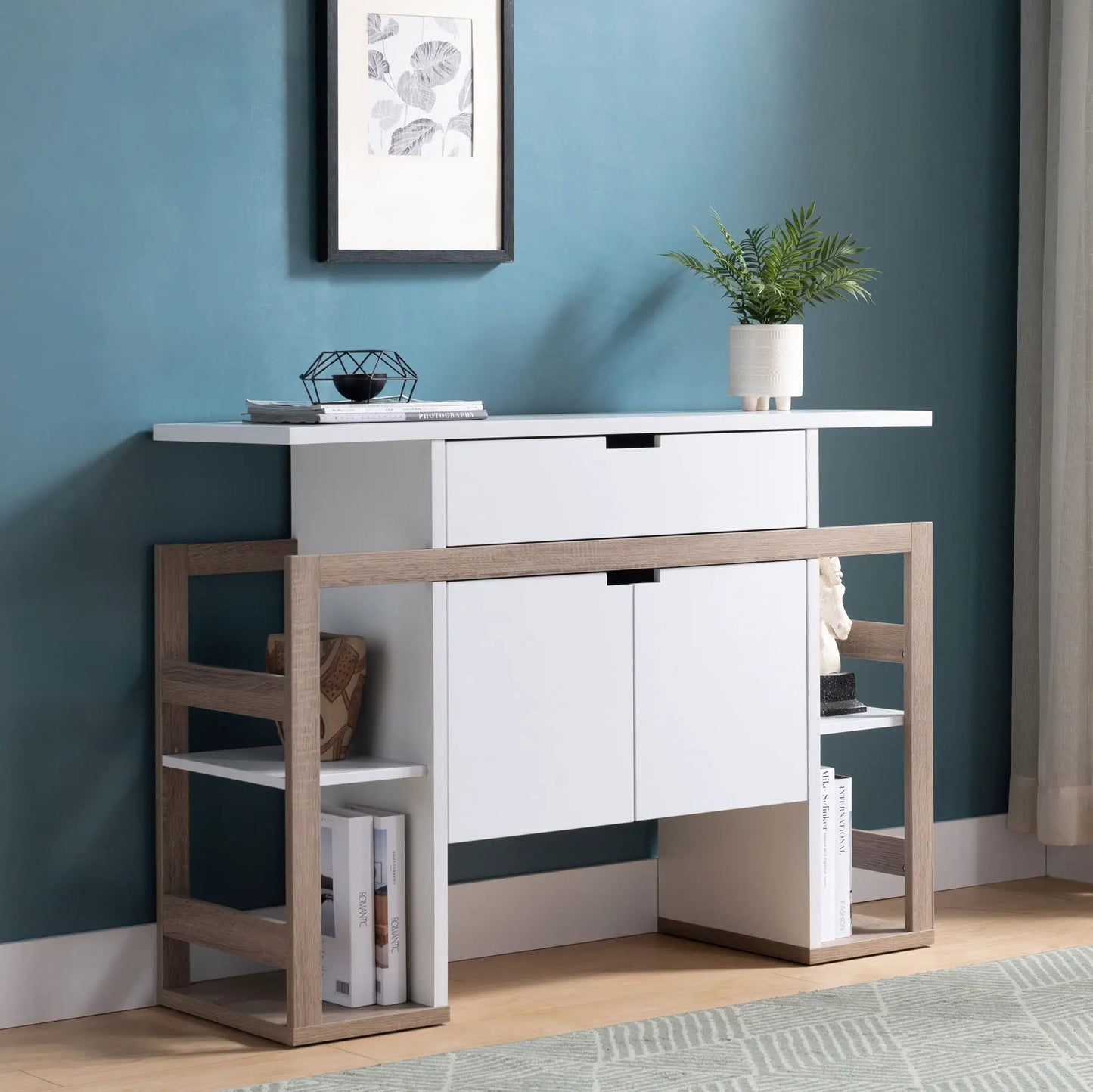 Modernize Kitchen Buffet Organizing Cabinet with 4 shelves white and dark taupe wooden frame on Tampa Home & Garden Store