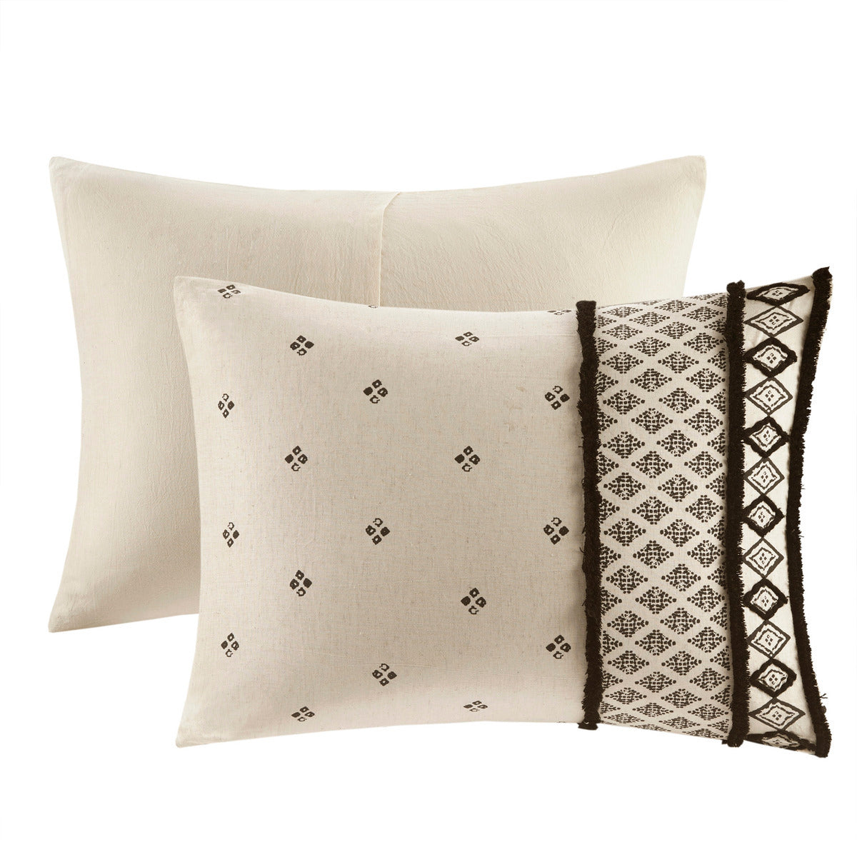 3pc cotton and flax linen blend comforter set with beige pillows and a patterned pillow on Tampa Home & Garden Store