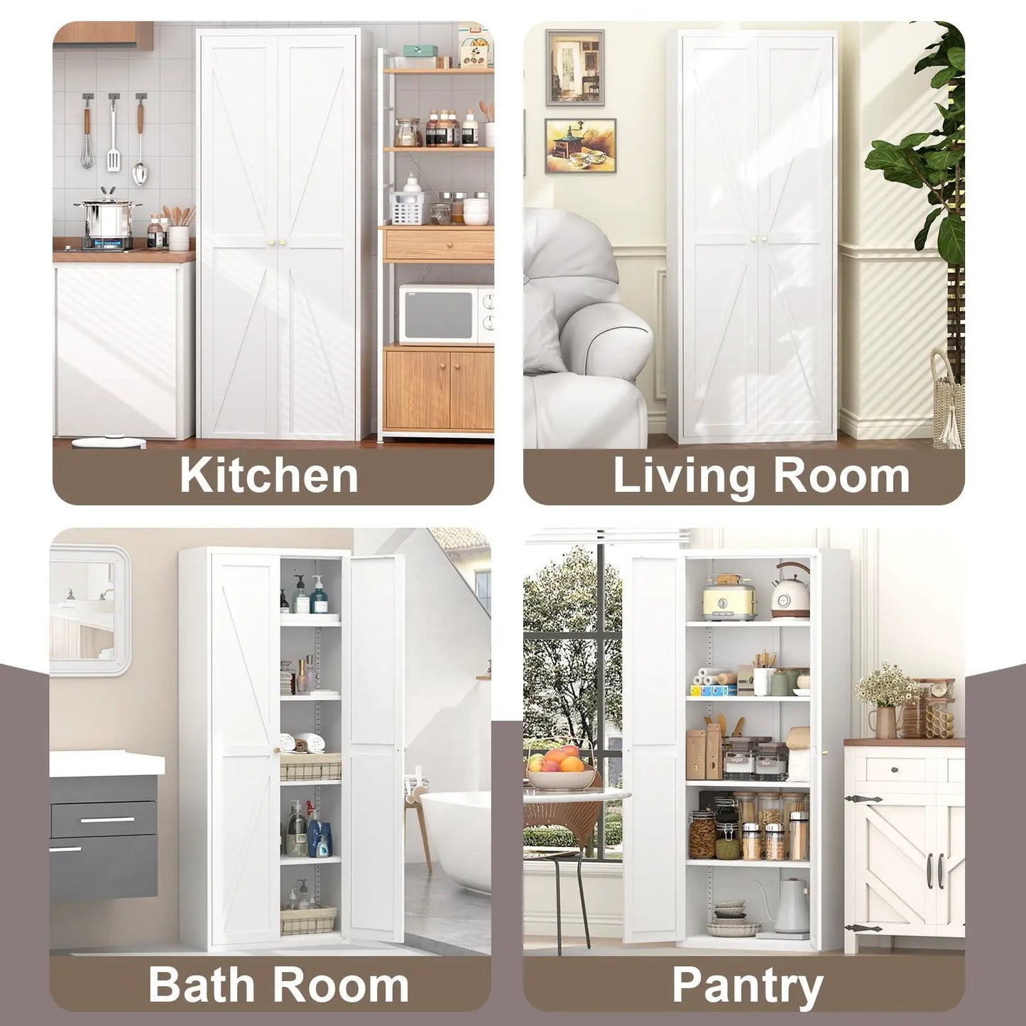Adjustable 2‑Door white storage cabinet with shelves shown in kitchen, living room, bath, and pantry by Unique Piece Furniture on Tampa Home & Garden Store