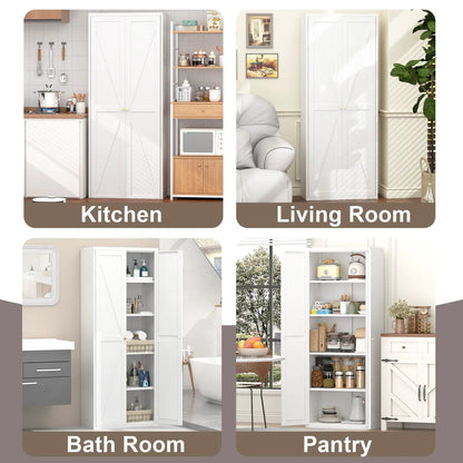 Adjustable 2‑Door white storage cabinet with shelves shown in kitchen, living room, bath, and pantry by Unique Piece Furniture on Tampa Home & Garden Store