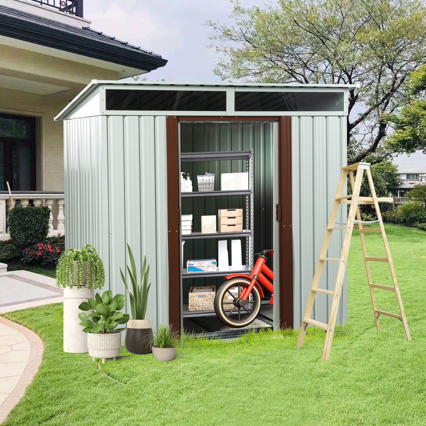 Galvanized Steel Outdoor Storage Shed and Padlock