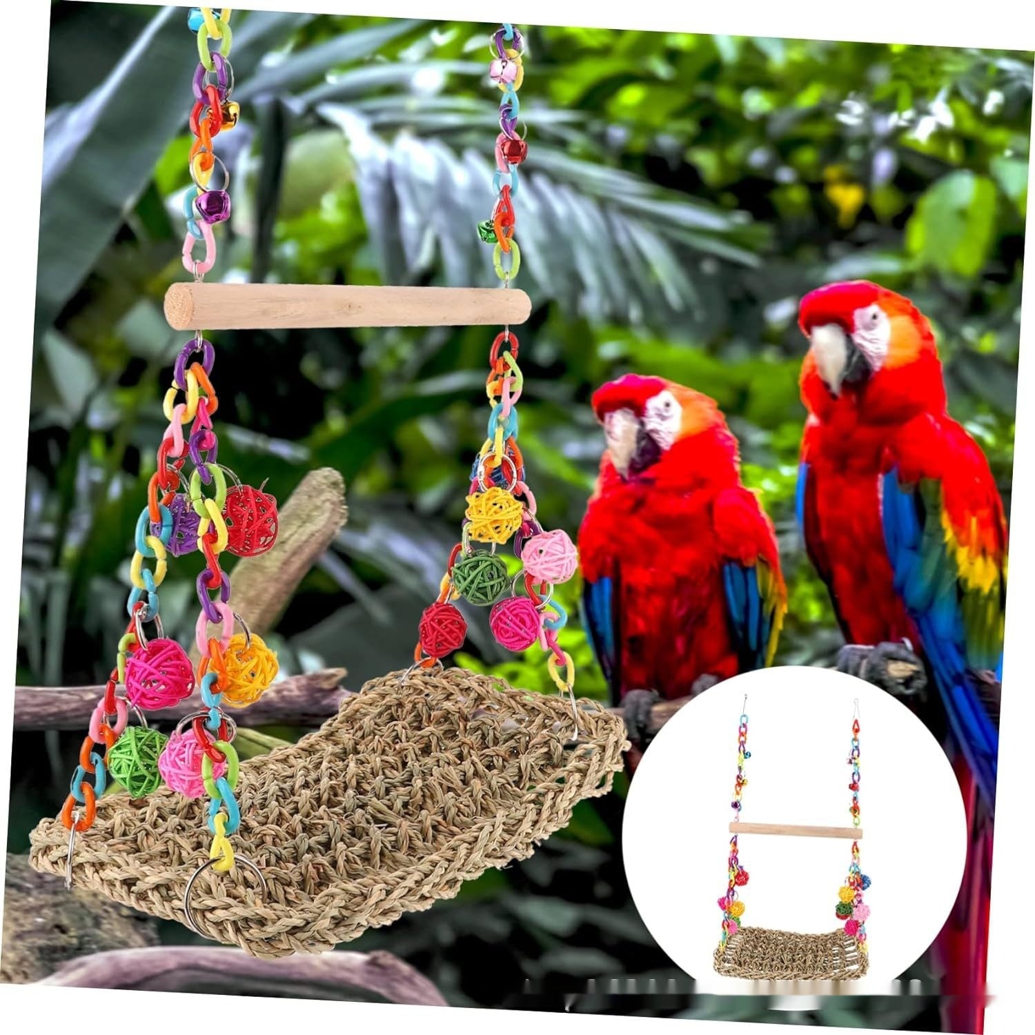 Parrot Toys Climbing Net Hammock for medium and large birds; colorful chain links and basket on Tampa Home & Garden Store