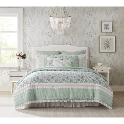 9 Piece Cotton Percale Comforter Set Aqua by HouseOfZazla; aqua/white quilted bedding on bed on Tampa Home & Garden Store