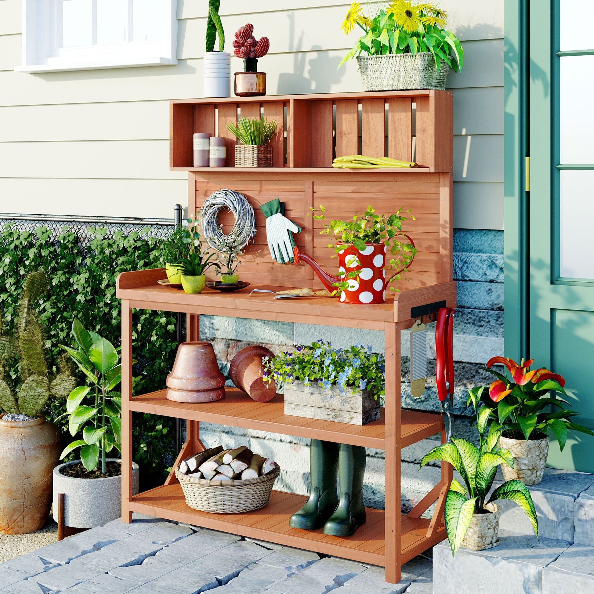 TOPMAX 65' wooden farmhouse outdoor potting bench by HouseOfZazla in rustic redwood on Tampa Home & Garden Store