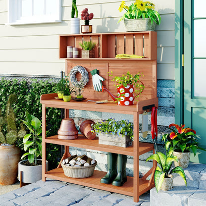 TOPMAX 65' wooden farmhouse outdoor potting bench by HouseOfZazla in rustic redwood on Tampa Home & Garden Store