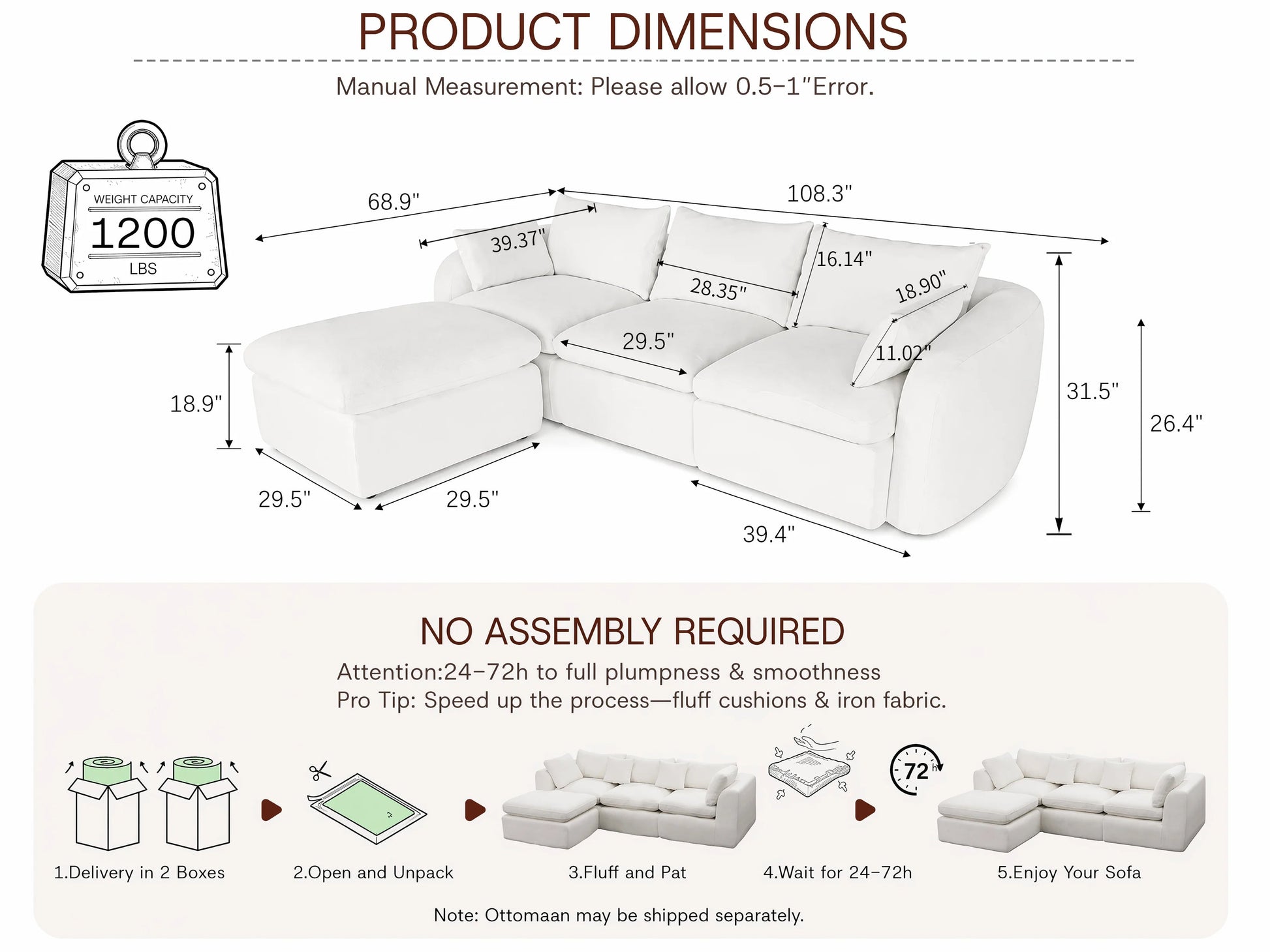 Fully Sponge Compressed Sectional Sofa by HouseOfZazla, white upholstery with chaise on Tampa Home & Garden Store