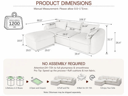 Fully Sponge Compressed Sectional Sofa by HouseOfZazla, white upholstery with chaise on Tampa Home & Garden Store
